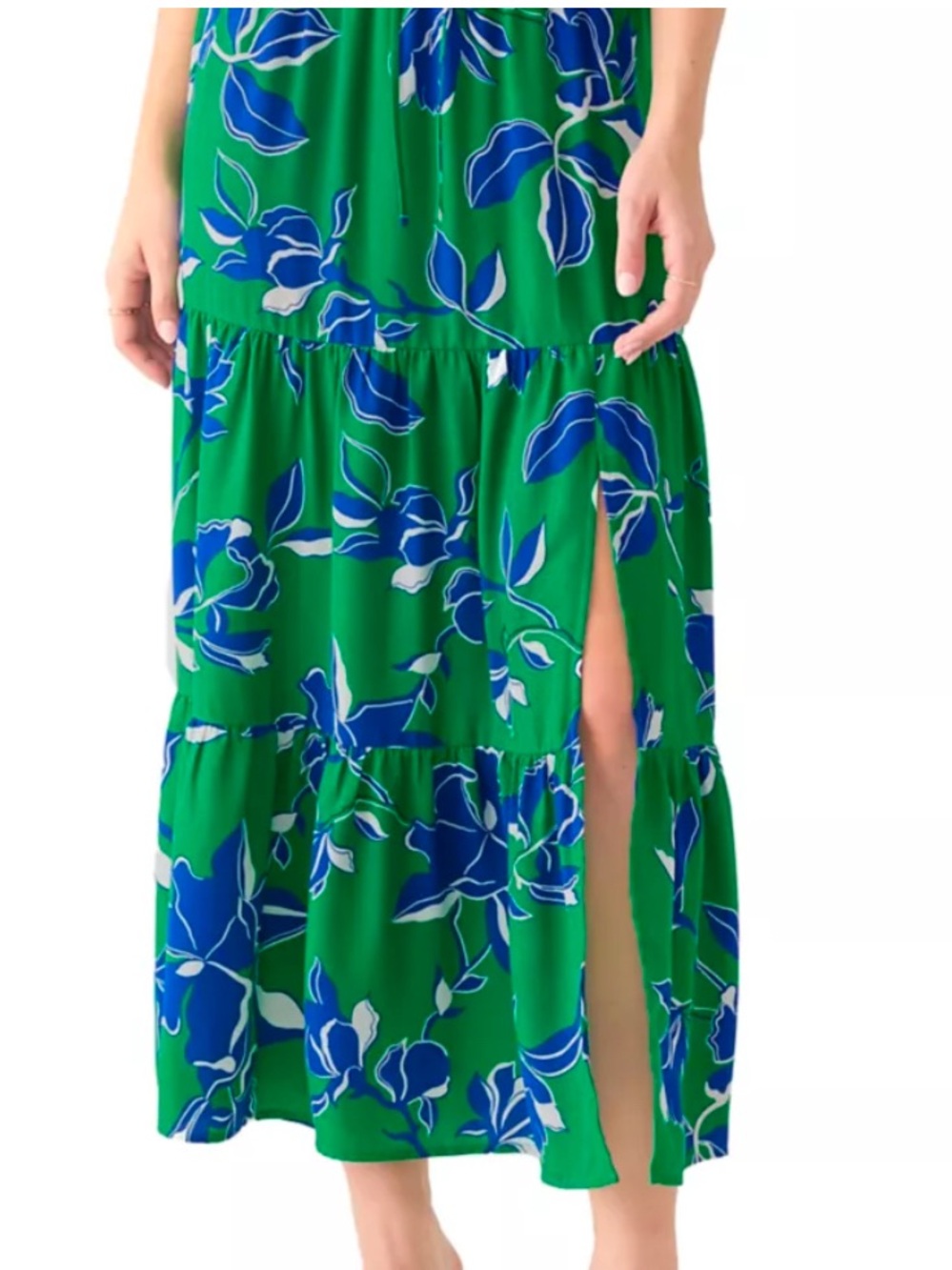 A. Byer Green Maxi Skirt with Blue Floral Print and Side Slit